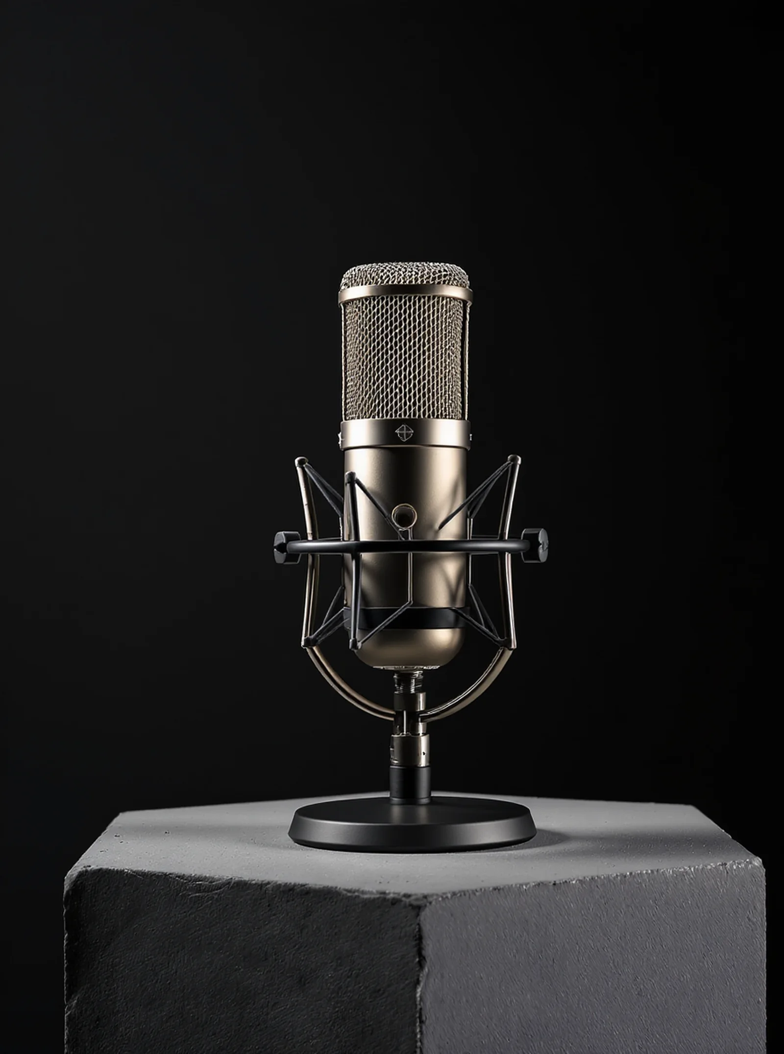 A condenser microphone in a shockmount on a concrete plinth, lit hard against a dark void.